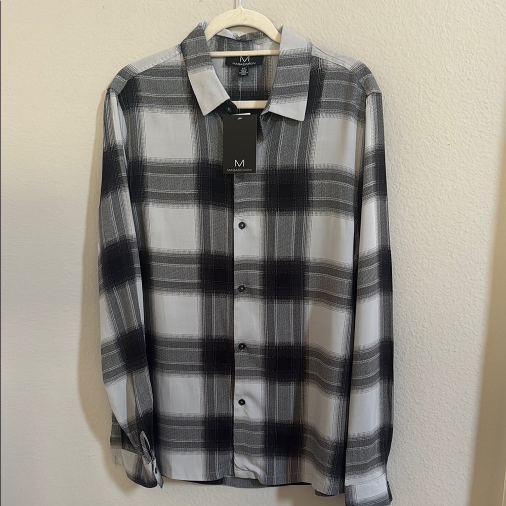 Magaschoni Black and Gray Plaid Casual Button Down Shirt